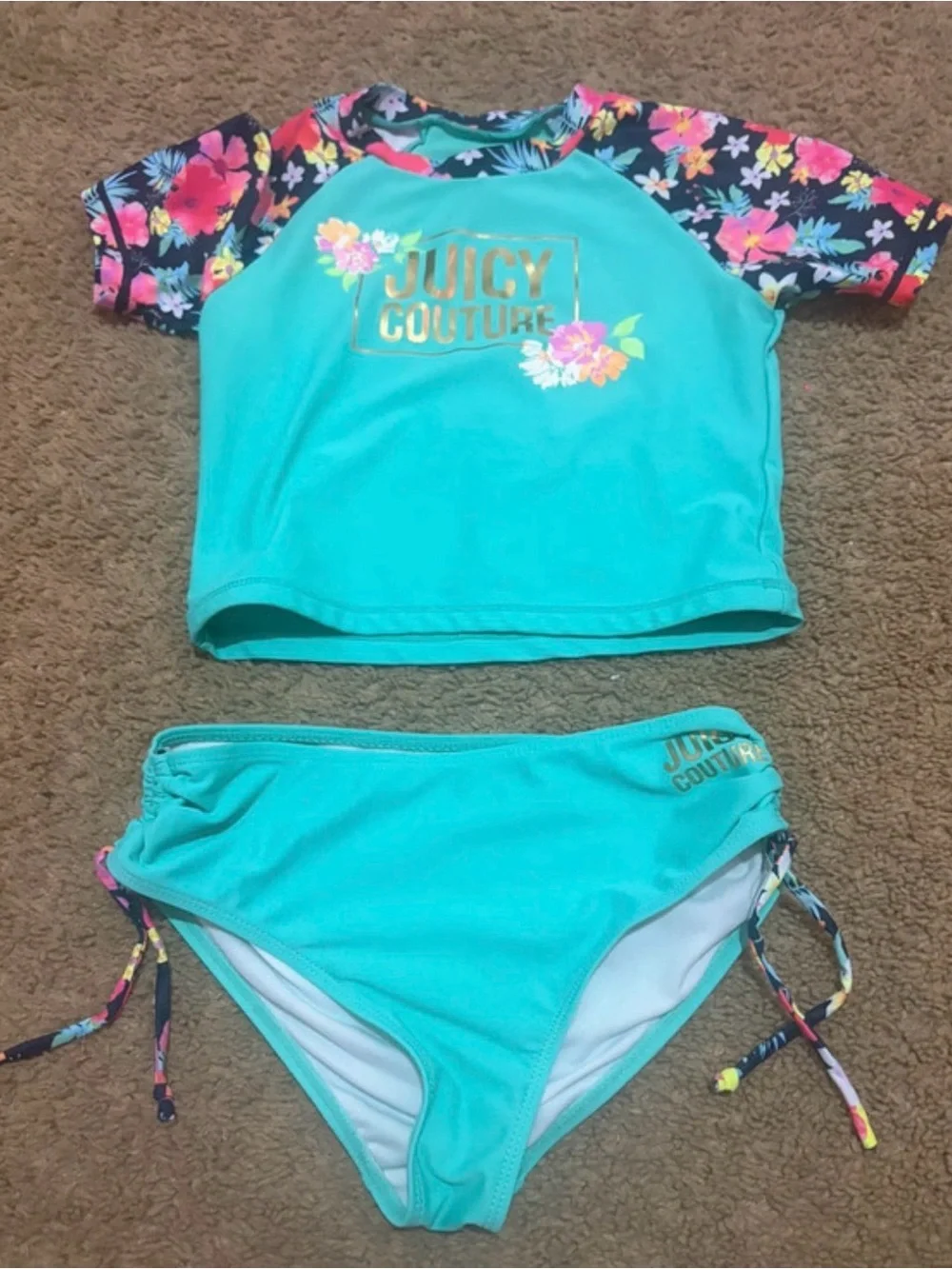 Juicy Couture Teal Floral-Sleeve Rash Guard Bikini